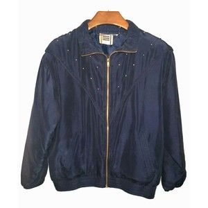 Vintage Div Rousso Silk Bomber Jacket Jogger Windbreaker Dark Blue Studded MED.